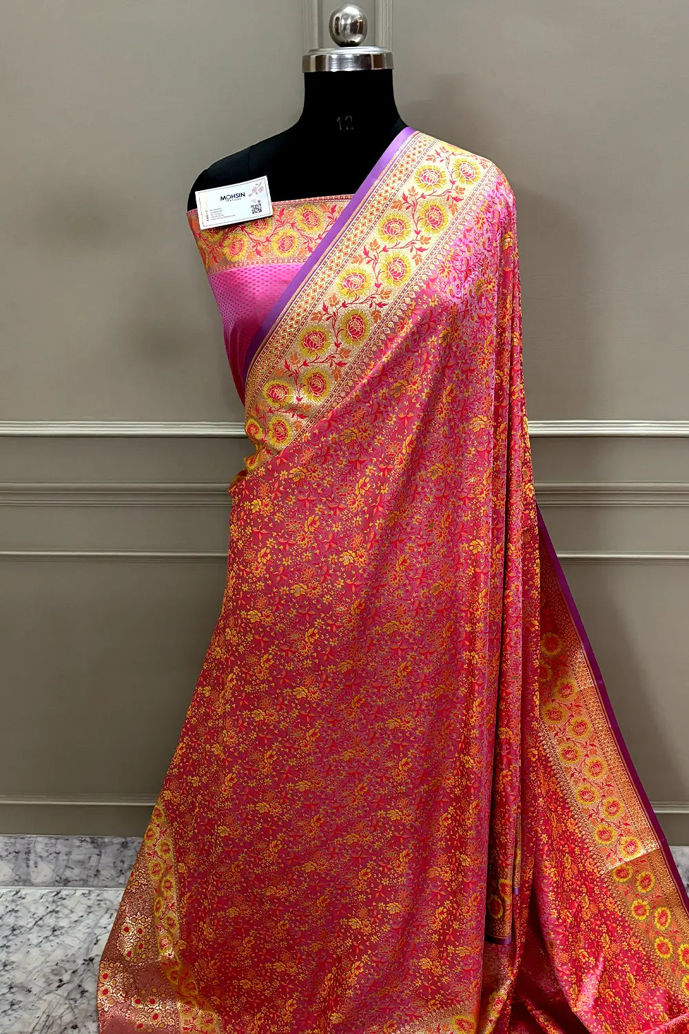 Lavender and Pink Jungli Jaal Katan Silk Banarasi Saree