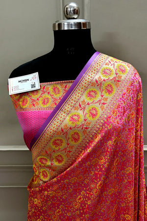 Lavender and Pink Jungli Jaal Katan Silk Banarasi Saree