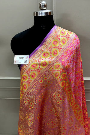 Lavender and Pink Jungli Jaal Katan Silk Banarasi Saree