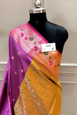 Lavender and Yellow Buti Banarasi Silk Saree