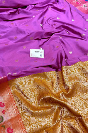 Lavender and Yellow Buti Banarasi Silk Saree