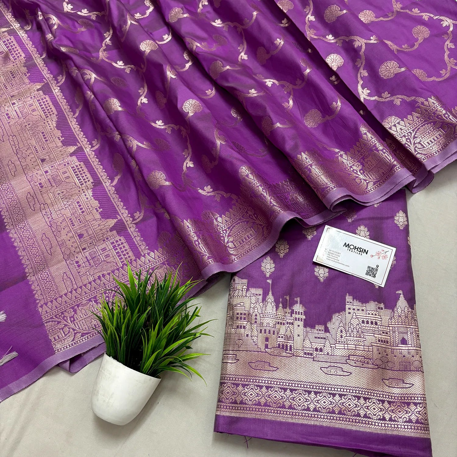 Lavender Assi Ghat Mandir Semi Katan Silk Banarasi Suit