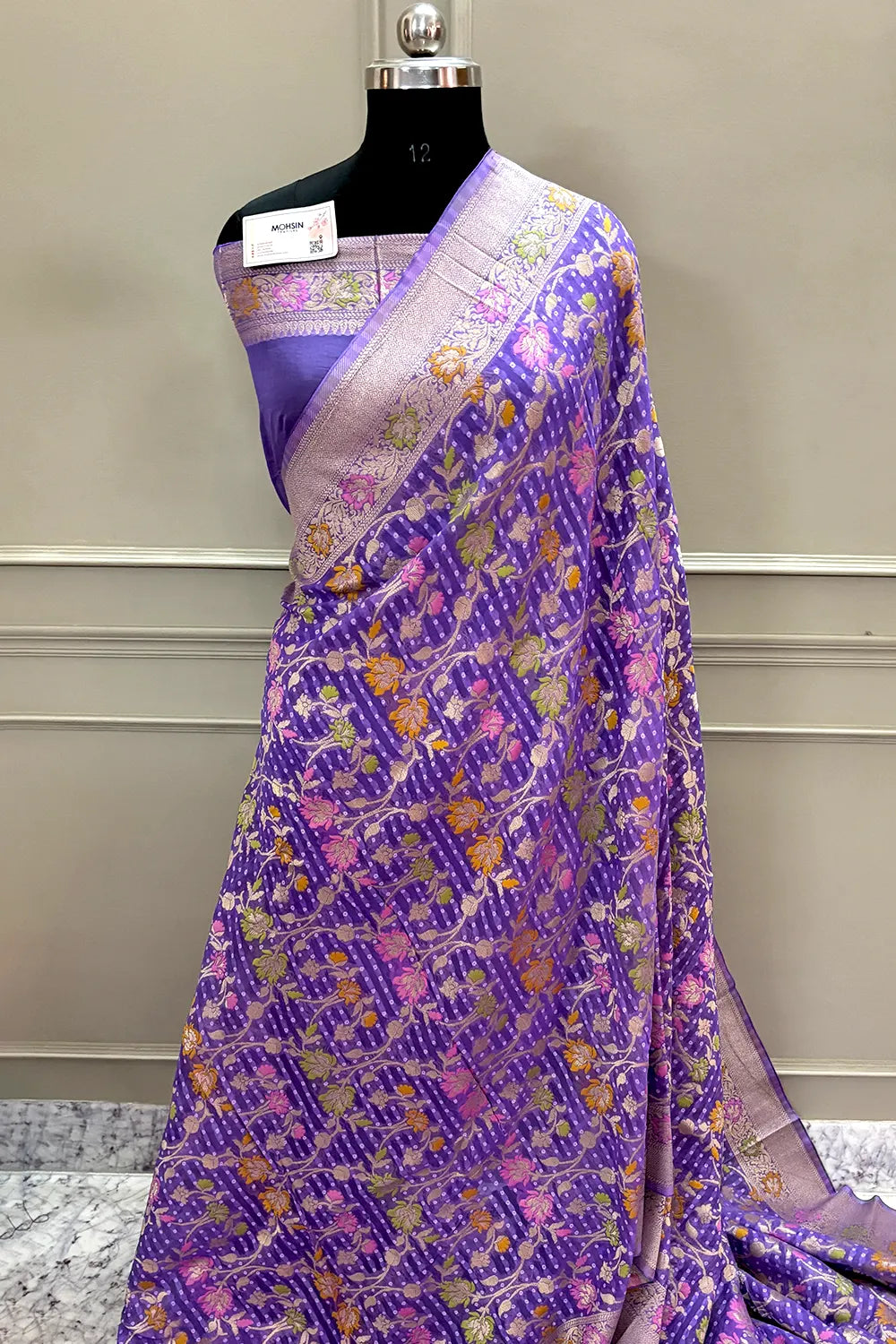 Lavender Bandhej Meena Georgette Silk Banarasi Saree