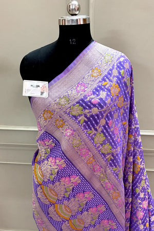 Lavender Bandhej Meena Georgette Silk Banarasi Saree