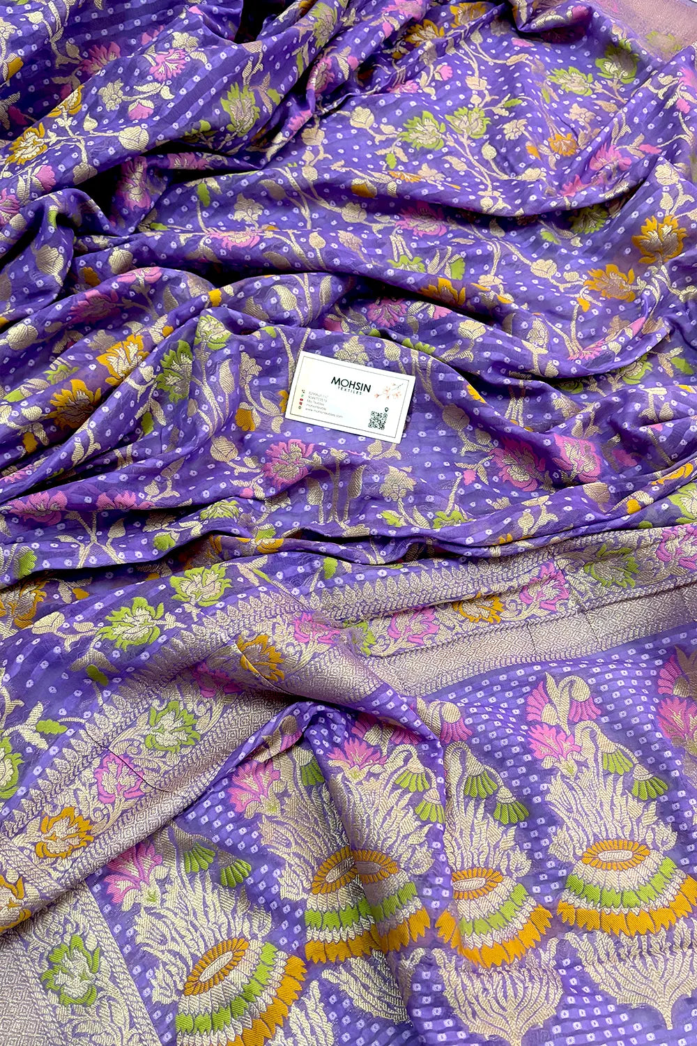 Lavender Bandhej Meena Georgette Silk Banarasi Saree