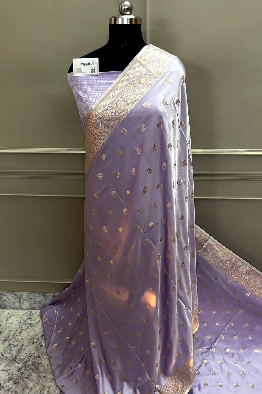 Lavender Chaman Buti Katan Mashru Silk Banarasi Saree