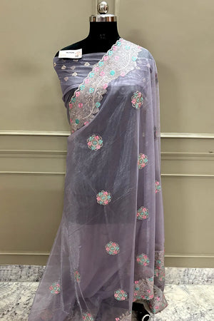 Lavender Embroidery Swarovski Brasso Net Saree