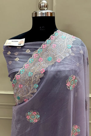 Lavender Embroidery Swarovski Brasso Net Saree