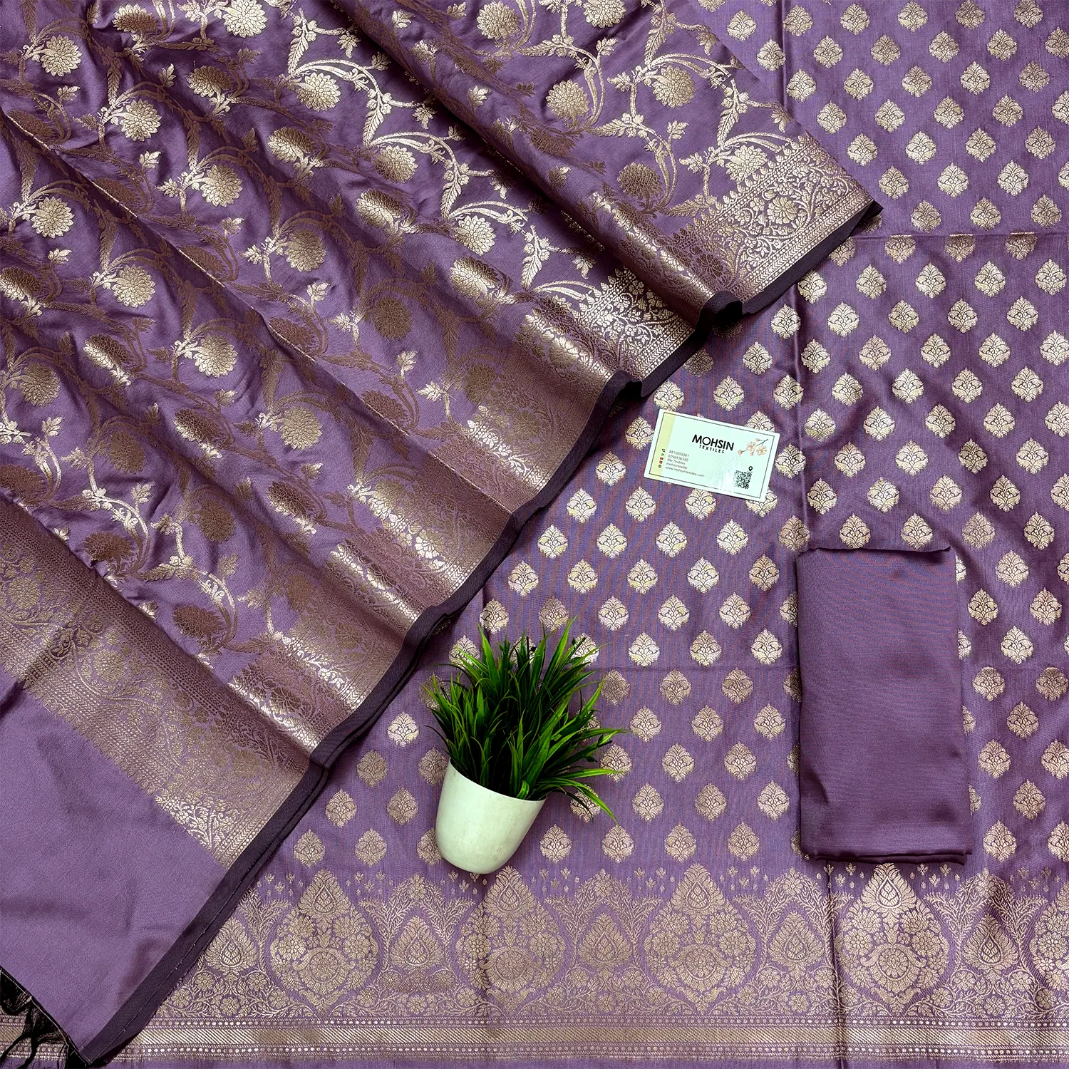 Lavender Singhasan Buti Semi Katan Silk Banarasi Suit