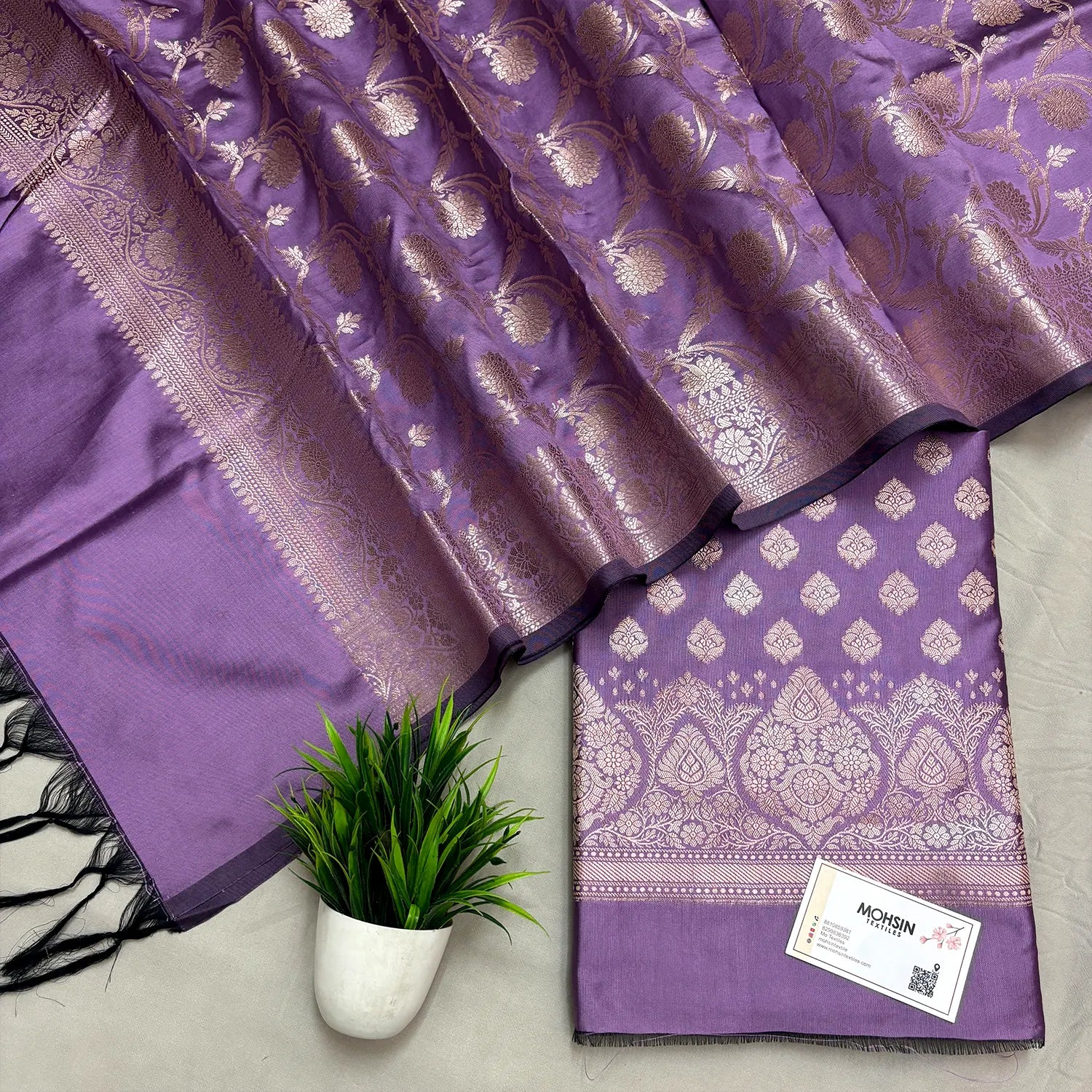 Lavender Singhasan Buti Semi Katan Silk Banarasi Suit