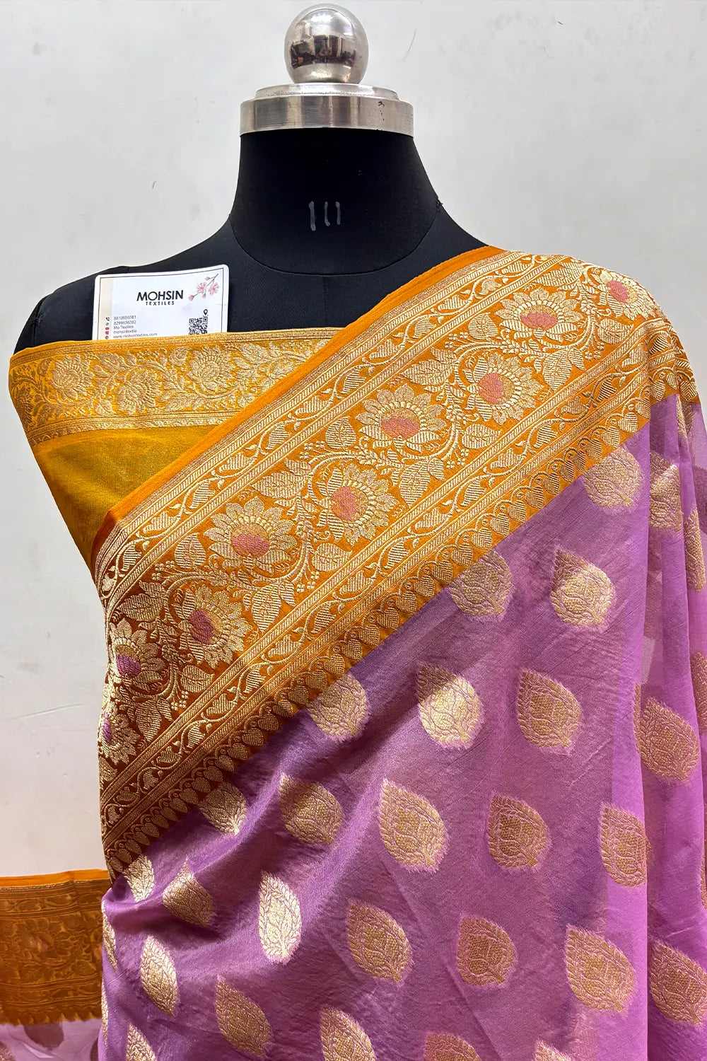 Levender and Mustard Organza Silk Banarasi Saree