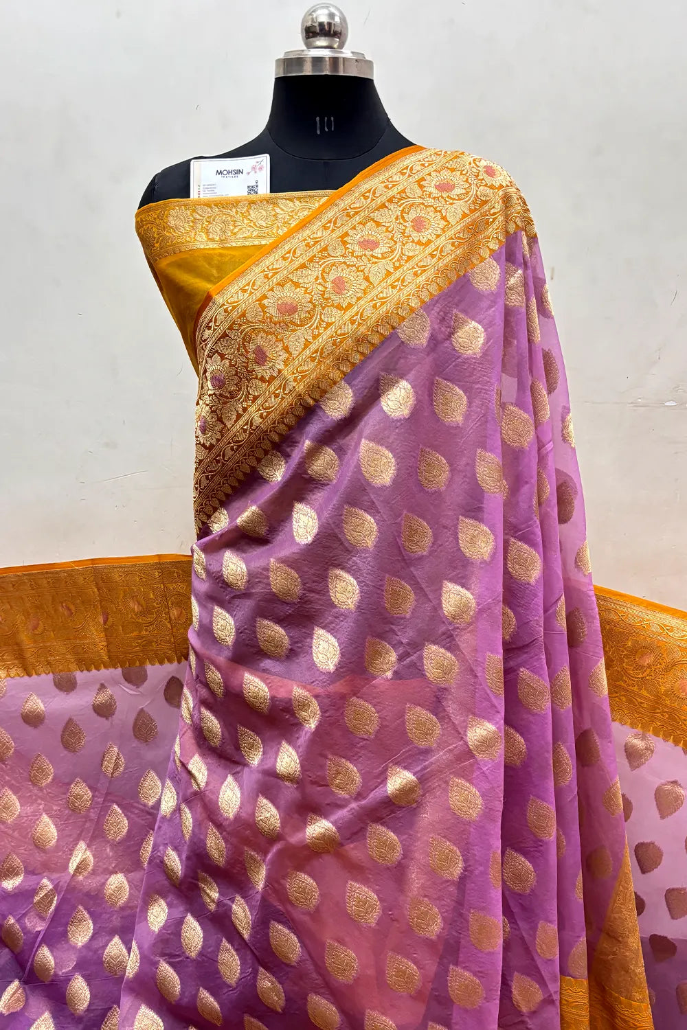 Levender and Mustard Organza Silk Banarasi Saree