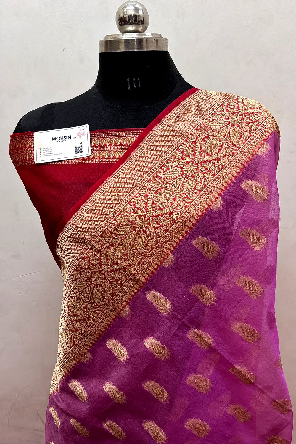 Lavender and Red Organza Silk Banarasi Saree
