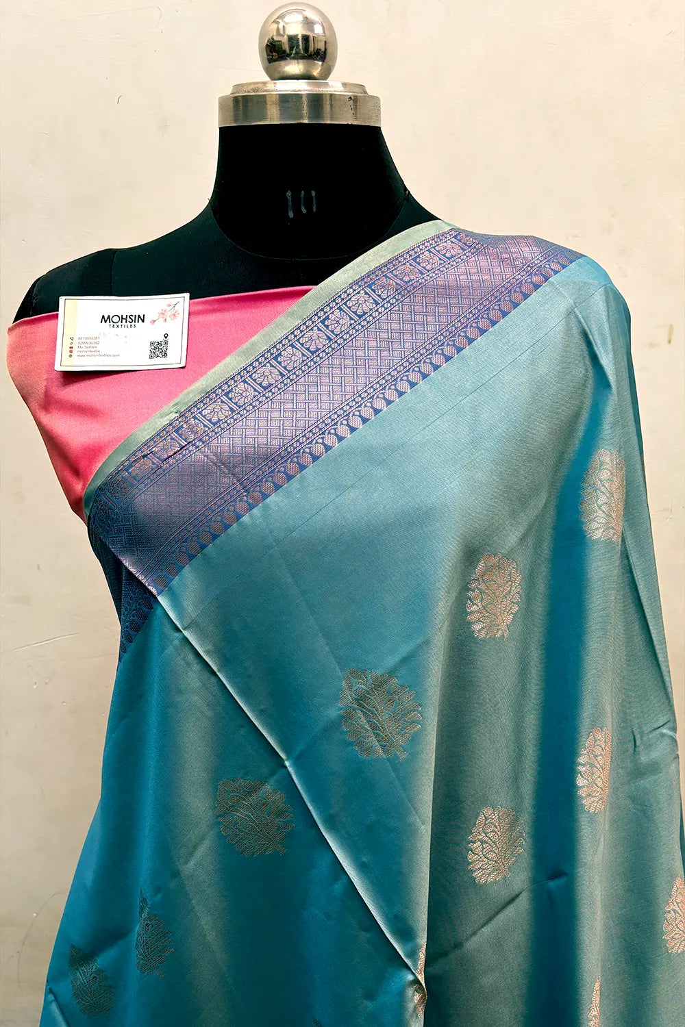 Light Firozi and Pink Zari Semi Katan Silk Banarasi Saree