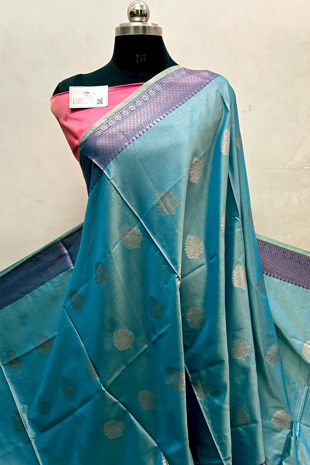 Light Firozi and Pink Zari Semi Katan Silk Banarasi Saree