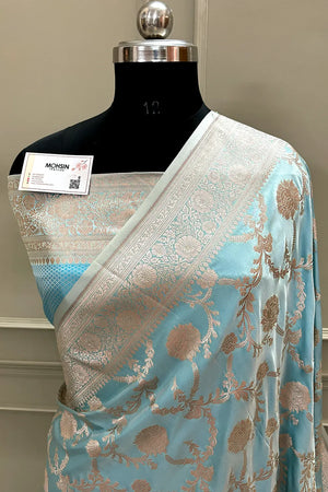 Light Firozi Laabela Jaal Katan Silk Banarasi Saree