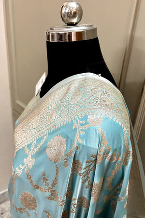 Light Firozi Laabela Jaal Katan Silk Banarasi Saree