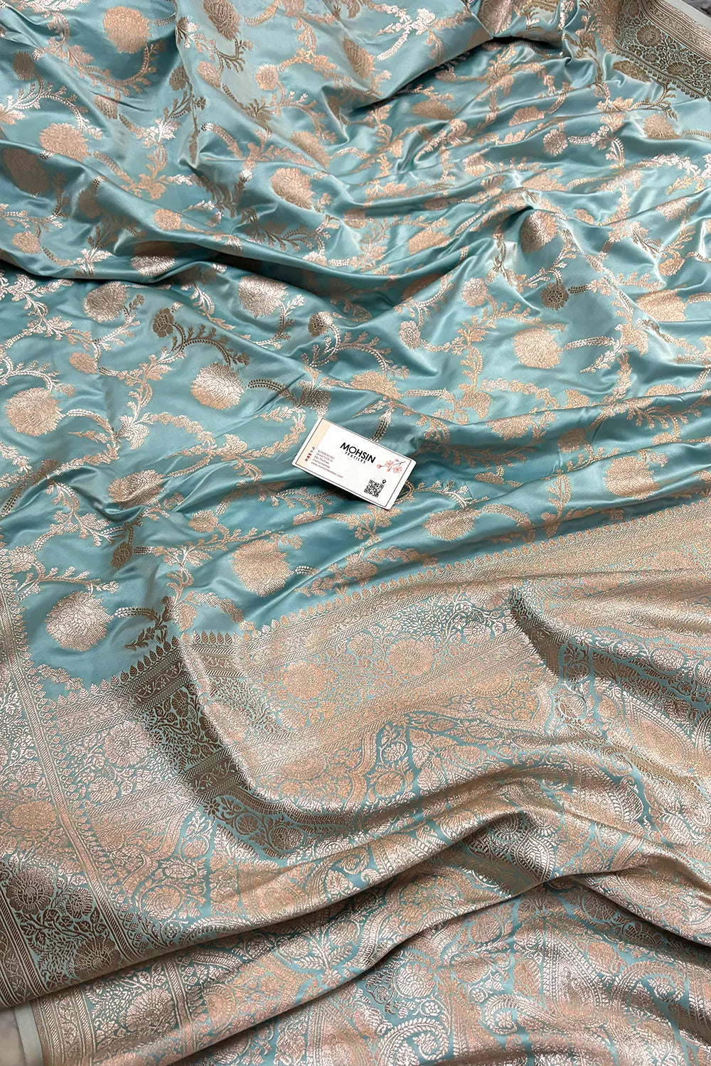 Light Firozi Laabela Jaal Katan Silk Banarasi Saree