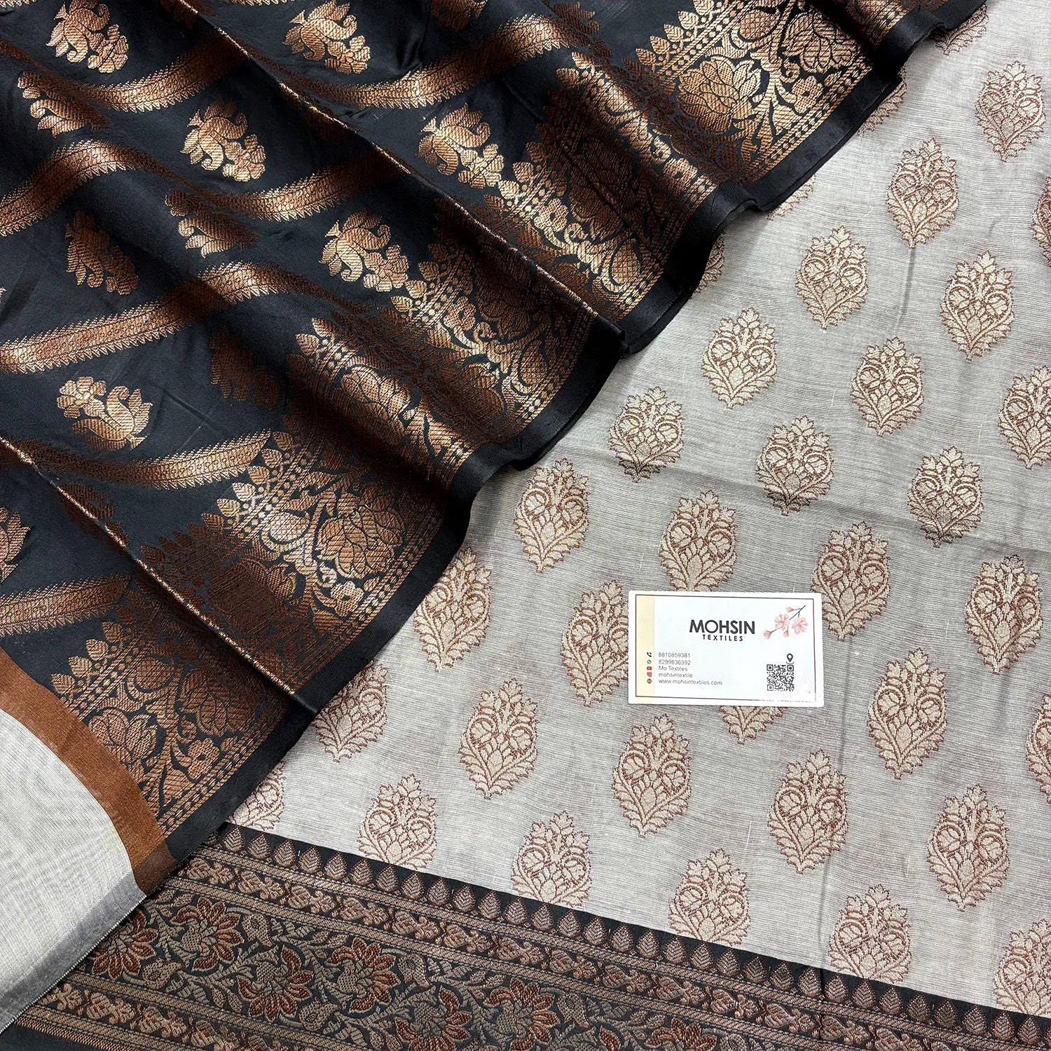 Light Grey and Black Banarasi Silk Suit