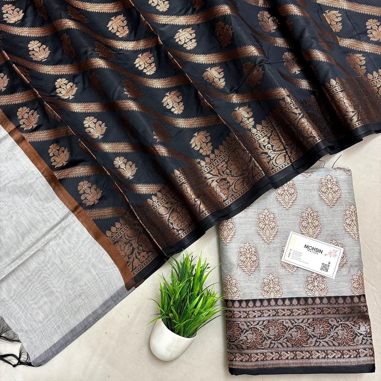 Light Grey and Black Banarasi Silk Suit