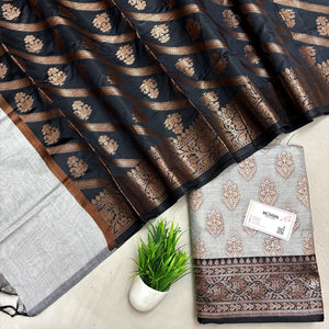 Light Grey and Black Banarasi Silk Suit