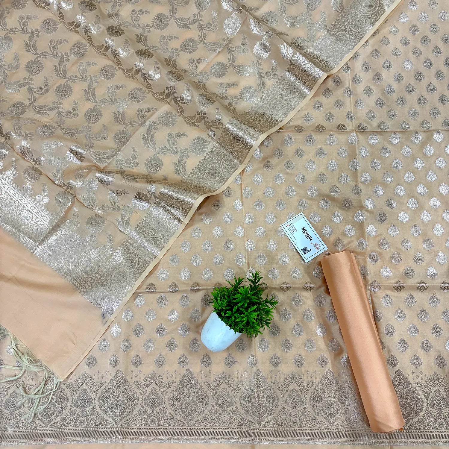 Light Peach Singhasan Buti Satin Silk Banarasi Suit