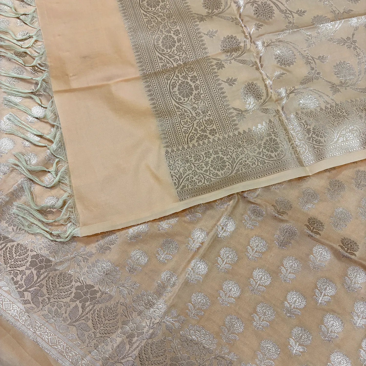 Light Peach Sunflower Satin Silk Banarasi Suit