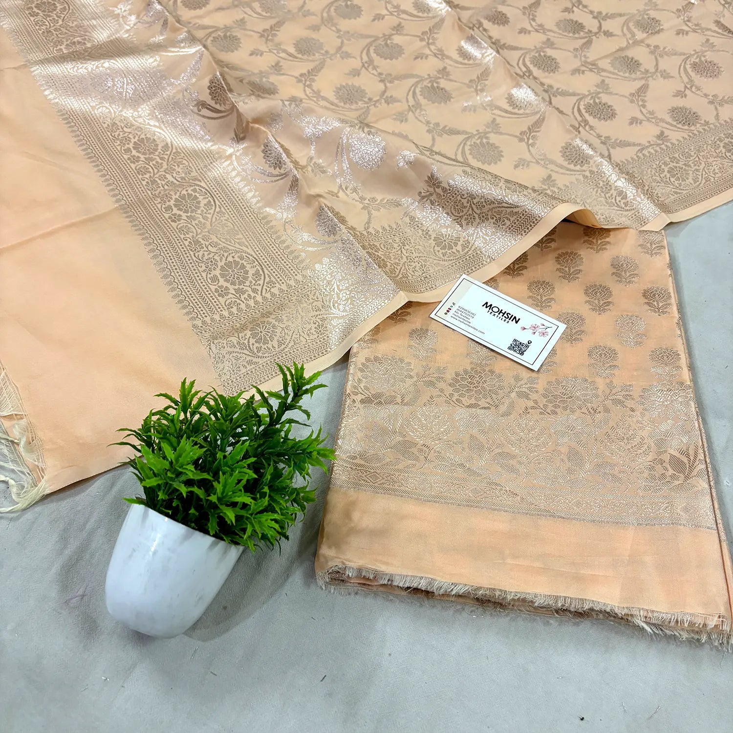 Light Peach Sunflower Satin Silk Banarasi Suit