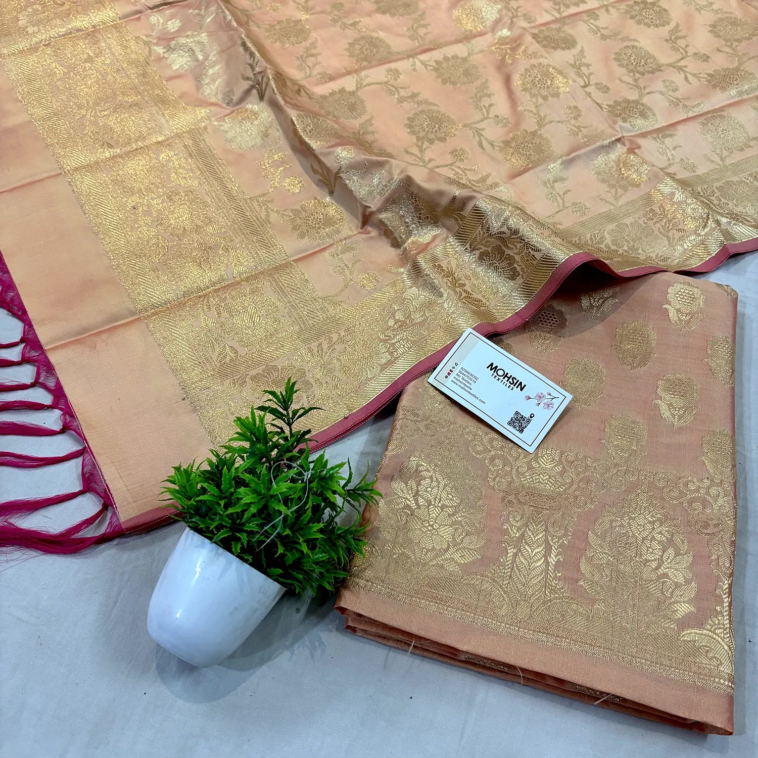 Light Peach Zari Satin Silk Banarasi Suit