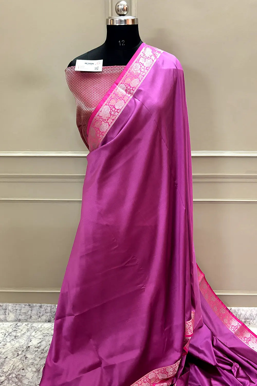 Light Pink and Pink Plain Banarasi Silk Saree