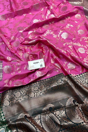 Light Pink and Teal Zari Banarasi Silk Saree