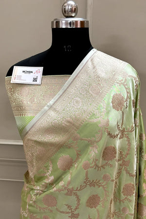Light Pista Laabela Jaal Katan Silk Banarasi Saree