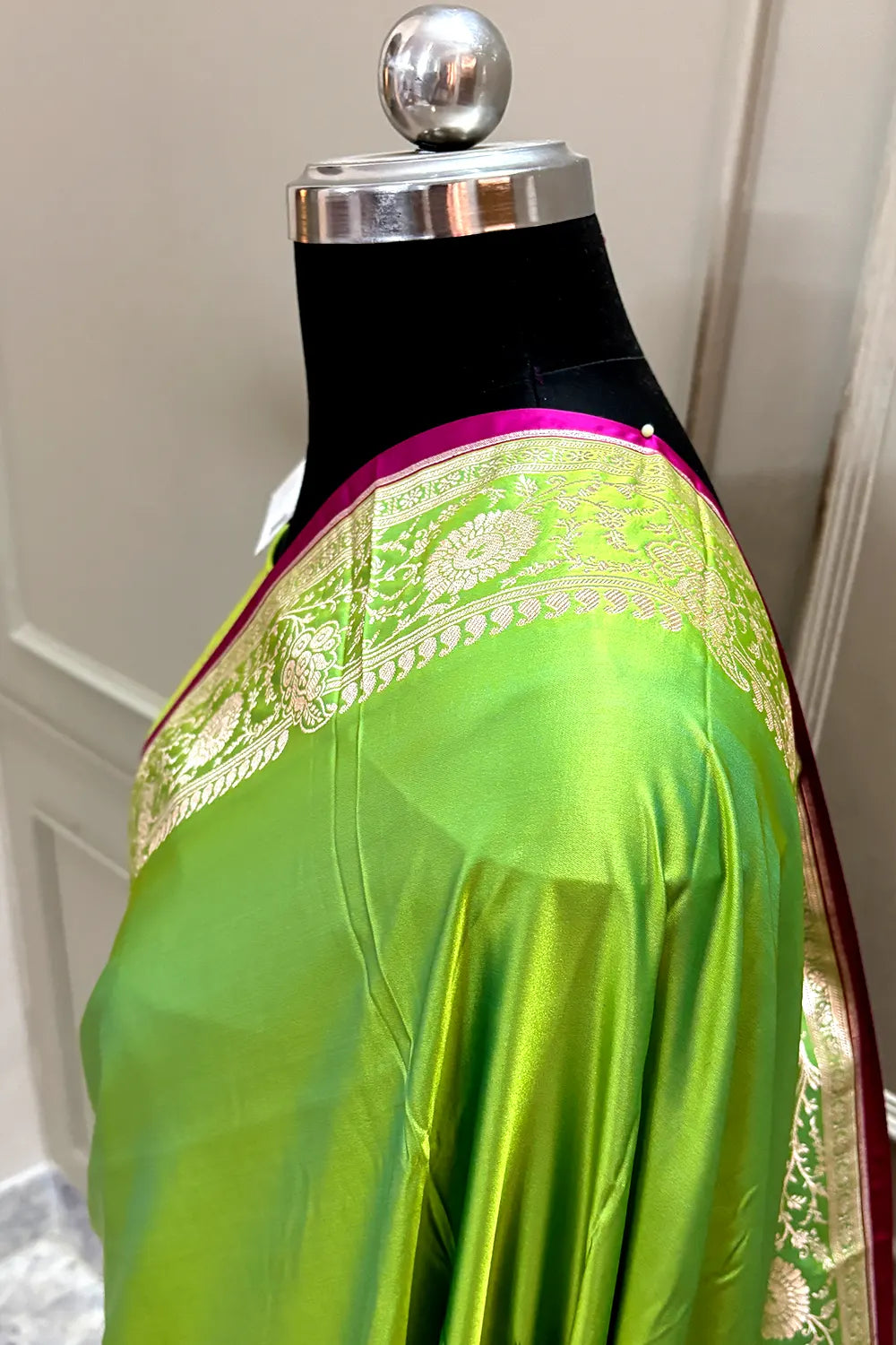 Lime Green Plain Katan Silk Banarasi Saree