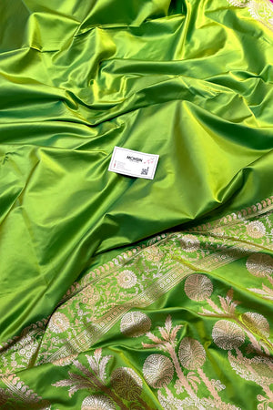 Lime Green Plain Katan Silk Banarasi Saree