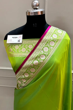 Lime Green Plain Zari Katan Silk Banarasi Saree