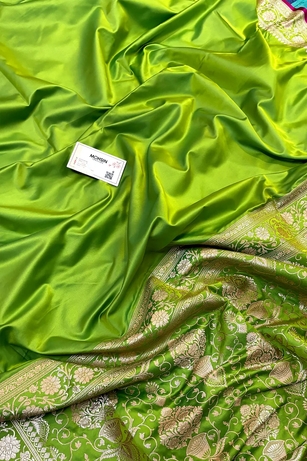 Lime Green Plain Zari Katan Silk Banarasi Saree