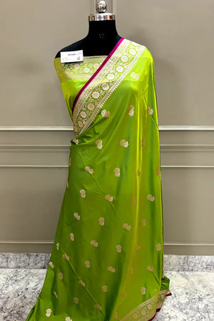 Lime Green Rose Buti Katan Silk Banarasi Saree