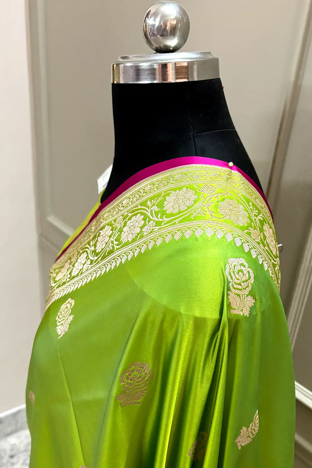 Lime Green Rose Buti Katan Silk Banarasi Saree