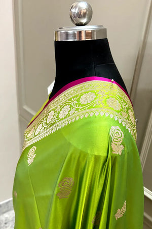 Lime Green Rose Buti Katan Silk Banarasi Saree
