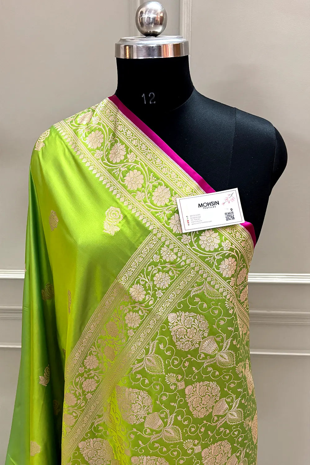 Lime Green Rose Buti Katan Silk Banarasi Saree