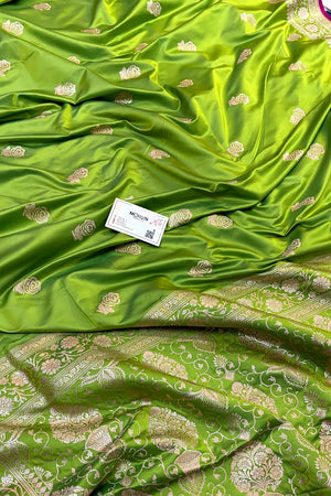 Lime Green Rose Buti Katan Silk Banarasi Saree