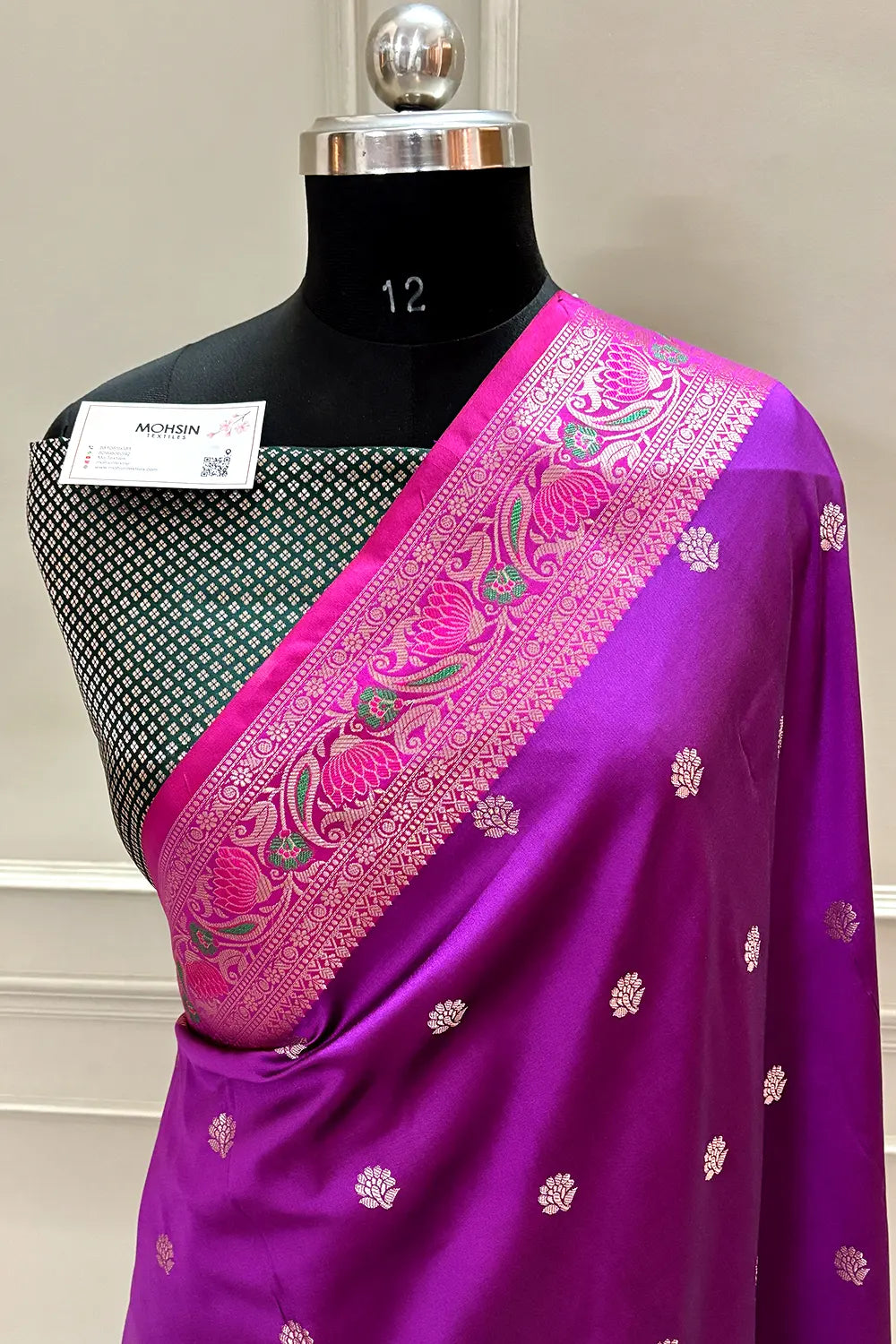 Magenta and Bottle Green Buti Banarasi Silk Saree