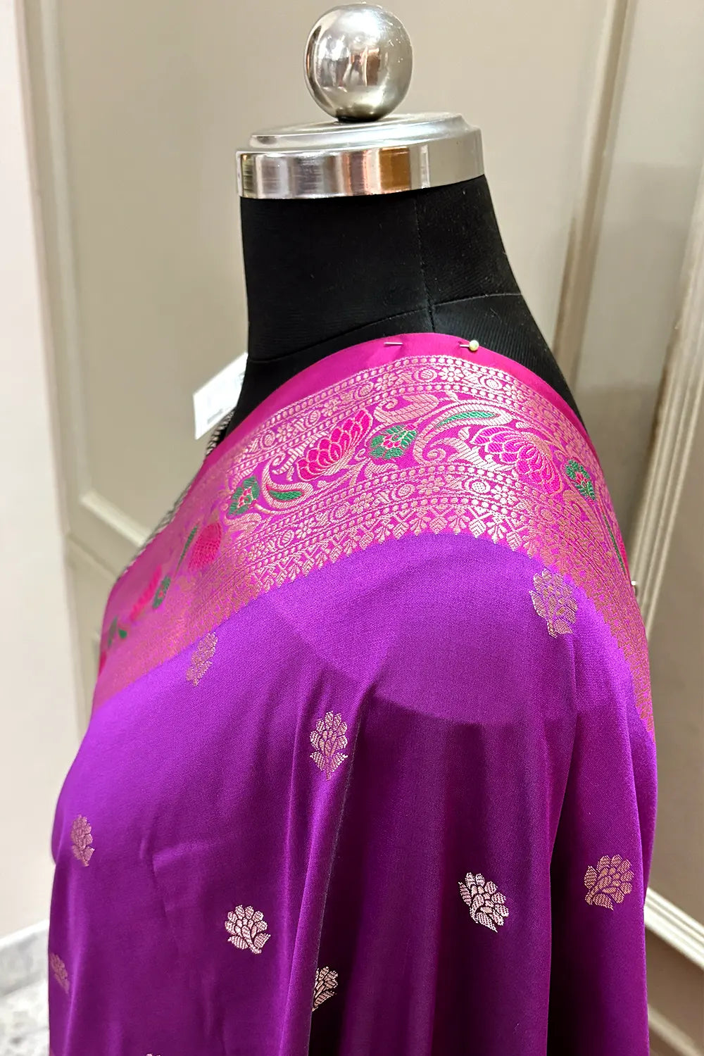 Magenta and Bottle Green Buti Banarasi Silk Saree