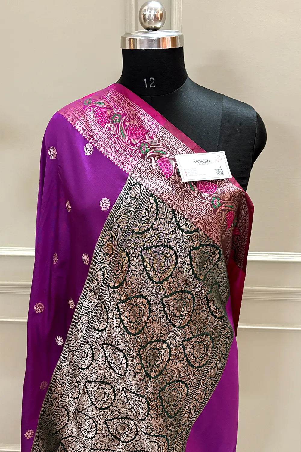 Magenta and Bottle Green Buti Banarasi Silk Saree