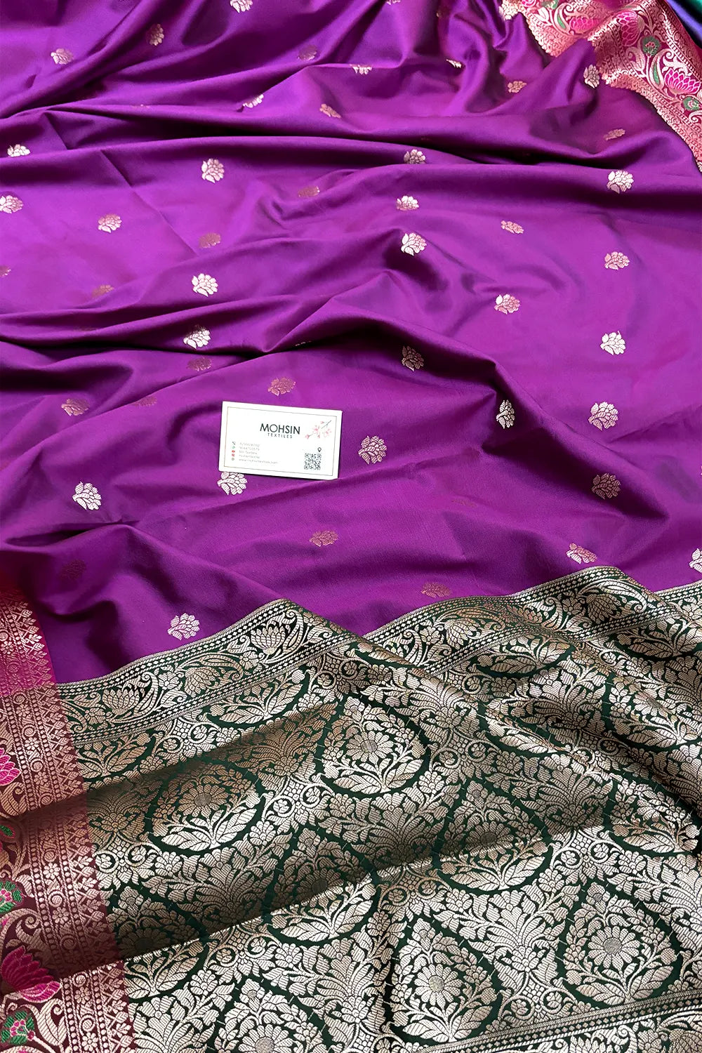 Magenta and Bottle Green Buti Banarasi Silk Saree