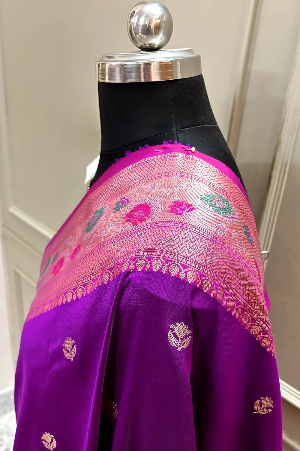 Magenta and Bottle Green Buti Banarasi Silk Saree