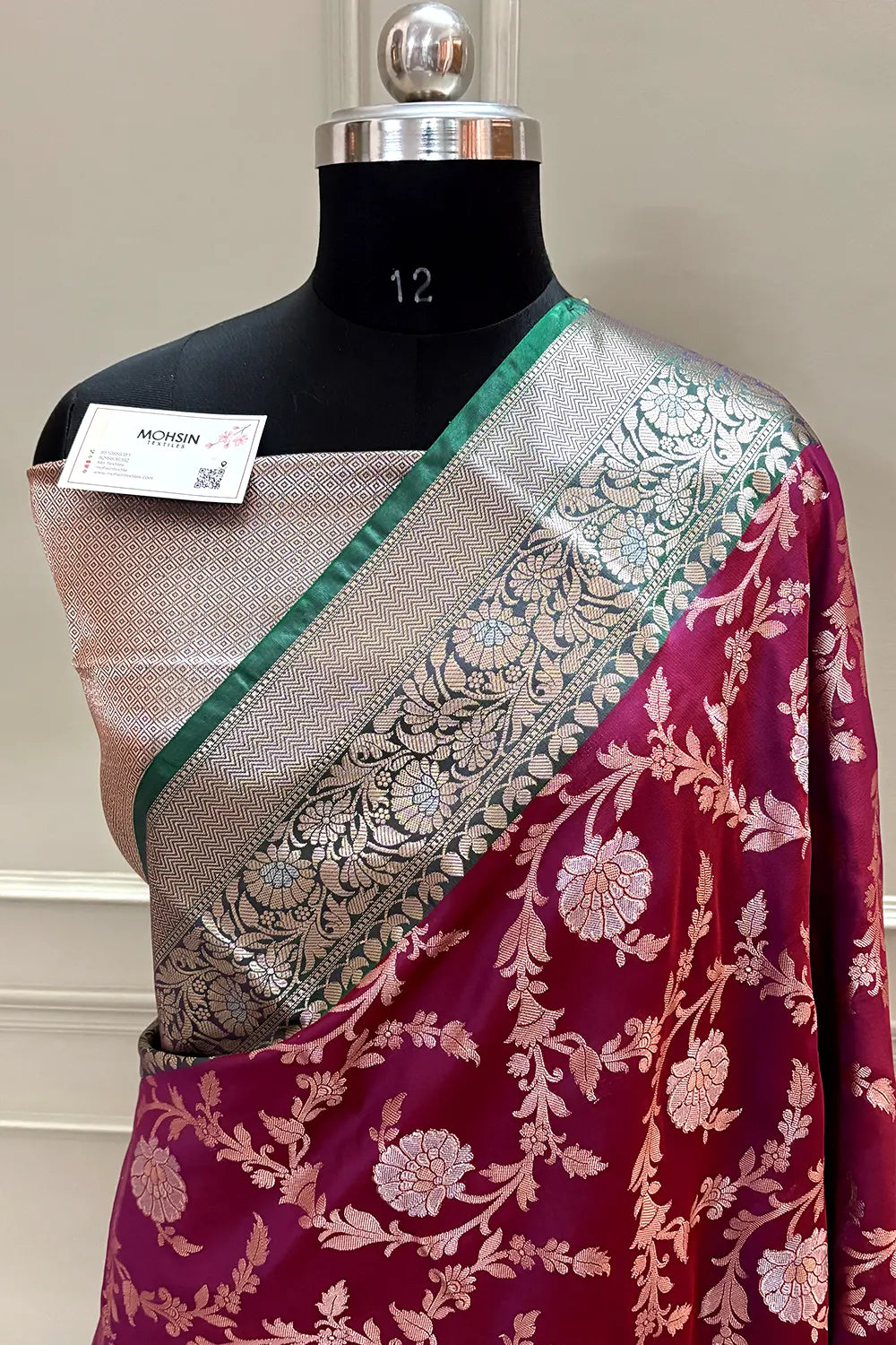 Magenta and Bottle Green Zari Banarasi Silk Saree