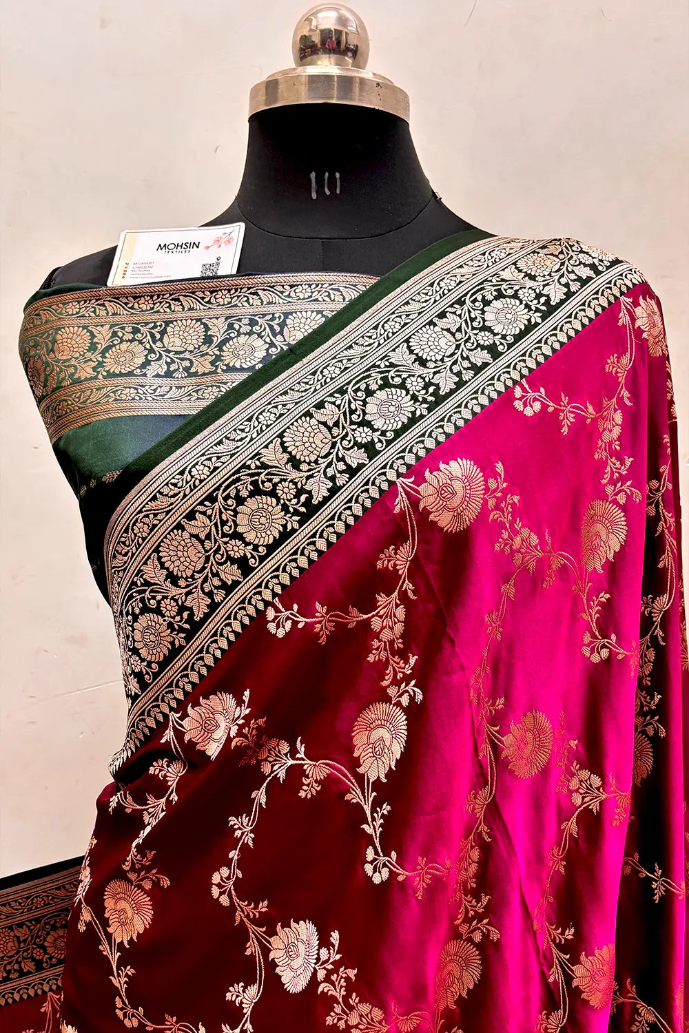Magenta and Bottle Green Zari Katan Silk Banarasi Saree