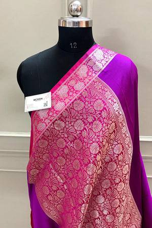 Magenta and Pink Plain Banarasi Silk Saree