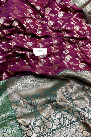 Magenta and Teal Zari Banarasi Silk Saree